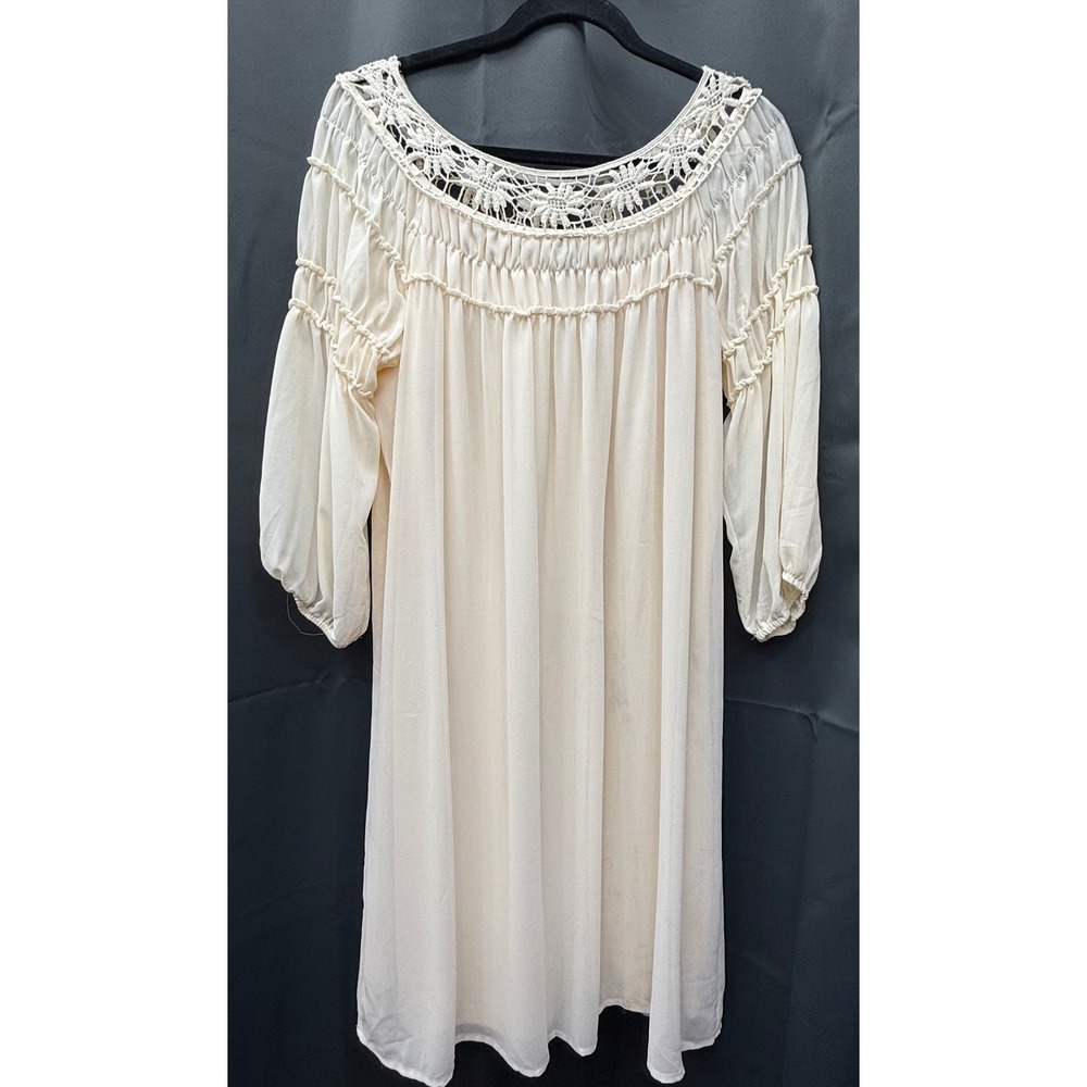 Three Hearts Plus Cream Crochet Lace Neckline Smocked Boho Tunic Dress 1X
